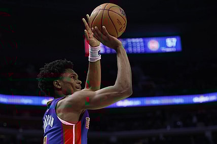 Feb 4, 2024; Detroit, Michigan, USA; Detroit Pistons forward Ausar Thompson (9) shoots in the second half against the Orlando Magic at Little Caesars Arena. Mandatory Credit: Rick Osentoski-USA TODAY Sports