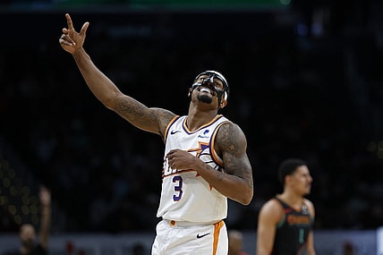Feb 4, 2024; Washington, District of Columbia, USA; Phoenix Suns guard Bradley Beal (3) celebrates after a three point field goal against the Washington Wizards in the second half at Capital One Arena. Mandatory Credit: Geoff Burke-USA TODAY Sports