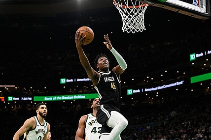Feb 4, 2024; Boston, Massachusetts, USA; Memphis Grizzlies forward GG Jackson (45) shoots the ball against the Boston Celtics during the second half at TD Garden. Mandatory Credit: Eric Canha-USA TODAY Sports