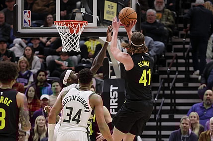 Feb 4, 2024; Salt Lake City, Utah, USA;  Utah Jazz forward Kelly Olynyk (41) shoots the ball during the second half against the Milwaukee Bucks at Delta Center. Mandatory Credit: Chris Nicoll-USA TODAY Sports