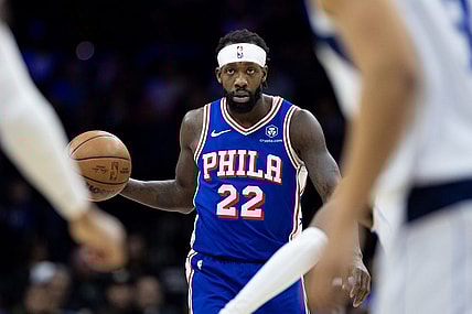 Feb 5, 2024; Philadelphia, Pennsylvania, USA; Philadelphia 76ers guard Patrick Beverley (22) dribbles the ball against the Dallas Mavericks during the fourth quarter at Wells Fargo Center. Mandatory Credit: Bill Streicher-USA TODAY Sports