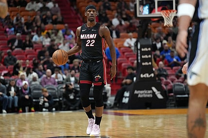 Feb 6, 2024; Miami, Florida, USA;  Miami Heat forward Jimmy Butler (22) brings the ball up the court against the Orlando Magic during the first half at Kaseya Center. Mandatory Credit: Jim Rassol-USA TODAY Sports