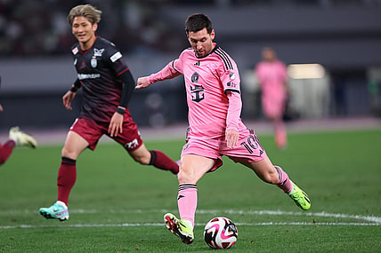 Feb 7, 2024; Tokyo, Japan; Inter Miami CF forward Lionel Messi (10) shoots against Vissel Kobe during the second half of a preseason friendly at Japan National Stadium. Mandatory Credit: Naoki Nishimura-USA TODAY Sports