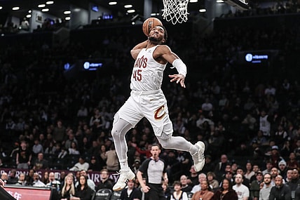 Feb 8, 2024; Brooklyn, New York, USA; Cleveland Cavaliers guard Donovan Mitchell (45) goes up for a dunk in the first quarter against the Brooklyn Nets at Barclays Center. Mandatory Credit: Wendell Cruz-USA TODAY Sports