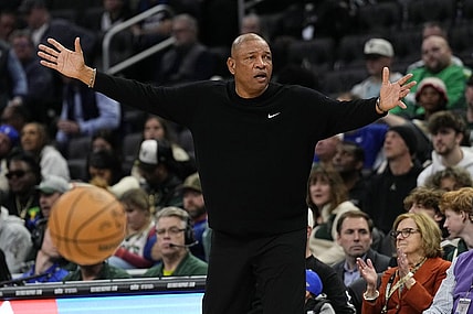 Feb 8, 2024; Milwaukee, Wisconsin, USA;  Milwaukee Bucks head coach Doc Rivers reacts to a call during the third quarter against the Minnesota Timberwolves at Fiserv Forum. Mandatory Credit: Jeff Hanisch-USA TODAY Sports