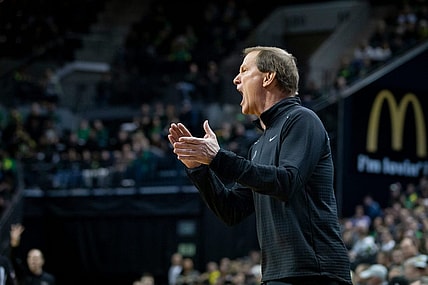 Oregon head coach Dana Altman yells to his team as the Oregon Ducks host the Washington Huskies Thursday, Feb. 8, 2024, at Matthew Knight Arena in Eugene, Ore.