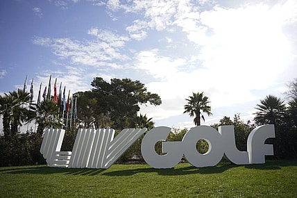 Feb 9, 2024; Las Vegas, Nevada, USA; A LIV Golf sign is observed prior to the second round of the LIV Golf Las Vegas tournament at Las Vegas Country Club. Mandatory Credit: Lucas Peltier-USA TODAY Sports