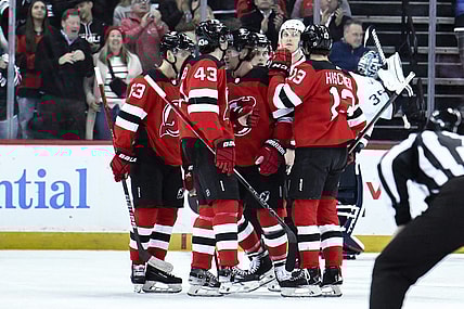 Feb 12, 2024; Newark, New Jersey, USA; New Jersey Devils right wing Tyler Toffoli (73) celebrates with teammates after scoring a goal against the Seattle Kraken during the first period at Prudential Center. Mandatory Credit: John Jones-USA TODAY Sports