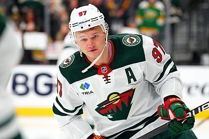 Feb 12, 2024; Las Vegas, Nevada, USA; Minnesota Wild left wing Kirill Kaprizov (97) warms up before a game against the Vegas Golden Knights at T-Mobile Arena. Mandatory Credit: Stephen R. Sylvanie-USA TODAY Sports