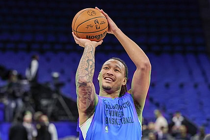 Feb 13, 2024; Orlando, Florida, USA; Oklahoma City Thunder forward Jaylin Williams (6) warms up before the game against the Orlando Magic at Amway Center. Mandatory Credit: Mike Watters-USA TODAY Sports