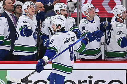 Feb 13, 2024; Chicago, Illinois, USA;  Vancouver Canucks forward Conor Garland (8) celebrates with the bench after scoring a goal in the first period against the Chicago Blackhawks at United Center. Mandatory Credit: Jamie Sabau-USA TODAY Sports