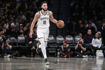 Feb 13, 2024; Brooklyn, New York, USA;  Brooklyn Nets guard Ben Simmons (10) brings the ball up court in the third quarter against the Boston Celtics at Barclays Center. Mandatory Credit: Wendell Cruz-USA TODAY Sports