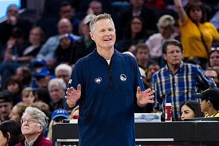 Feb 14, 2024; San Francisco, California, USA; Golden State Warriors head coach Steve Kerr reacts during the second half of the game against the LA Clippers at Chase Center. Mandatory Credit: John Hefti-USA TODAY Sports