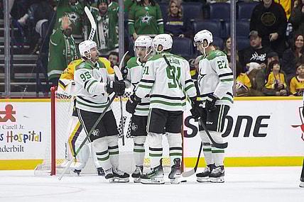 Feb 15, 2024; Nashville, Tennessee, USA; Dallas Stars center Wyatt Johnston (53) celebrates his goal against the Nashville Predators during the third period at Bridgestone Arena. Mandatory Credit: Steve Roberts-USA TODAY Sports