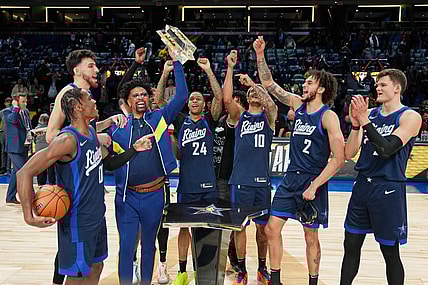 Feb 16, 2024; Indianapolis, Indiana, USA; Team Jalen celebrate after winning the Rising Stars final at Gainbridge Fieldhouse. Mandatory Credit: Kyle Terada-USA TODAY Sports
