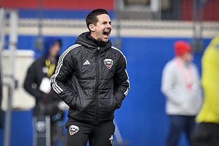 Feb 17, 2024; Frisco, TX, USA; FC Dallas head coach Troy Lesesne yells at his team during the first half against the D.C. United at the Toyota Stadium. Mandatory Credit: Jerome Miron-USA TODAY Sports