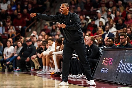 Feb 17, 2024; Columbia, South Carolina, USA; South Carolina Gamecocks head coach Lamont Paris directs his team against the LSU Tigers in the first half at Colonial Life Arena. Mandatory Credit: Jeff Blake-USA TODAY Sports