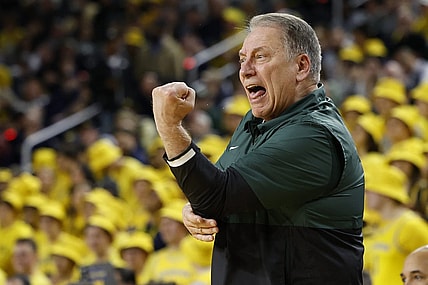 Feb 17, 2024; Ann Arbor, Michigan, USA;  Michigan State Spartans head coach Tom Izzo reacts in the first half against the Michigan Wolverines at Crisler Center. Mandatory Credit: Rick Osentoski-USA TODAY Sports