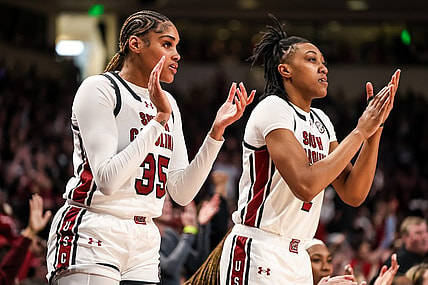 Feb 18, 2024; Columbia, South Carolina, USA; South Carolina Gamecocks center Sakima Walker (35) and forward Ashlyn Watkins (2) cheer from the bench against the Georgia Lady Bulldogs in the second half at Colonial Life Arena. Mandatory Credit: Jeff Blake-USA TODAY Sports