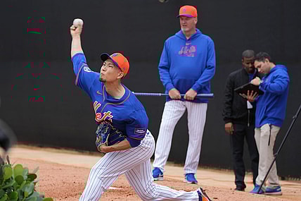 Feb 19, 2024; Port St. Lucie, FL, USA; New York Mets starting pitcher Kodai Senga (34) warms-up during workouts at spring training. Mandatory Credit: Jim Rassol-USA TODAY Sports