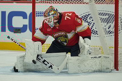 Feb 20, 2024; Sunrise, Florida, USA; Florida Panthers goaltender Sergei Bobrovsky (72) makes a save against the Ottawa Senators during the first period at Amerant Bank Arena. Mandatory Credit: Jim Rassol-USA TODAY Sports