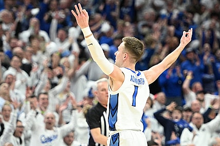 Feb 20, 2024; Omaha, Nebraska, USA; Creighton Bluejays guard Steven Ashworth (1) reacts after making a three point basket against the Connecticut Huskies in the first half at CHI Health Center Omaha. Mandatory Credit: Steven Branscombe-USA TODAY Sports