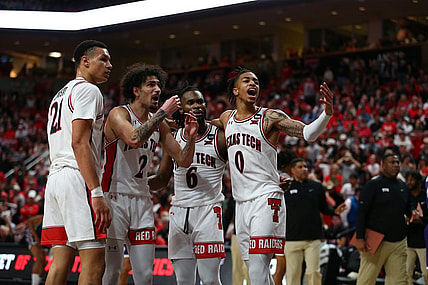 Feb 20, 2024; Lubbock, Texas, USA;  Texas Tech Red Raiders forward KeyRon Lindsay (21), guard Pop Isaacs (2), guard Joe Toussaint (6) and guard Chance McMillian (0) in the second half during the game against the TCU Horned Frogs at United Supermarkets Arena. Mandatory Credit: Michael C. Johnson-USA TODAY Sports