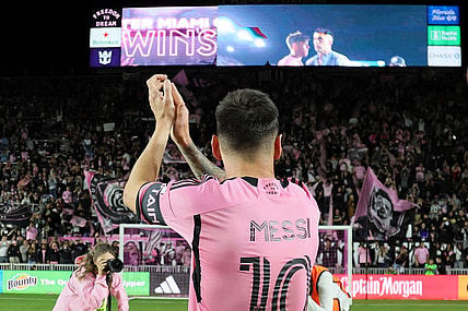 Feb 21, 2024; Fort Lauderdale, Florida, USA; Inter Miami CF forward Lionel Messi (10) reacts after the game against Real Salt Lake at Chase Stadium. Mandatory Credit: Sam Navarro-USA TODAY Sports
