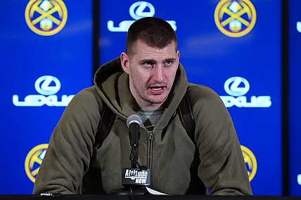Feb 22, 2024; Denver, Colorado, USA; Denver Nuggets center Nikola Jokic (15) speaks to the media following the win over the Washington Wizards at Ball Arena. Mandatory Credit: Ron Chenoy-USA TODAY Sports