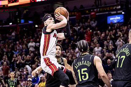 Feb 23, 2024; New Orleans, Louisiana, USA;  Miami Heat guard Tyler Herro (14) shoots a jump shot against the New Orleans Pelicans during the first half at Smoothie King Center. Mandatory Credit: Stephen Lew-USA TODAY Sports