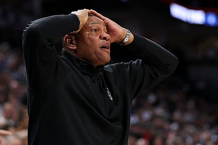 Feb 23, 2024; Minneapolis, Minnesota, USA; Milwaukee Bucks head coach Doc Rivers reacts during the first half against the Minnesota Timberwolves at Target Center. Mandatory Credit: Matt Krohn-USA TODAY Sports