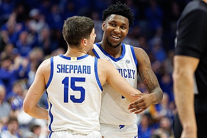 Feb 24, 2024; Lexington, Kentucky, USA; Kentucky Wildcats guard Reed Sheppard (15) celebrates with guard Justin Edwards (1) during the second half against the Alabama Crimson Tide at Rupp Arena at Central Bank Center. Mandatory Credit: Jordan Prather-USA TODAY Sports