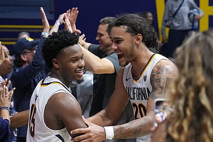 Feb 24, 2024; Berkeley, California, USA; California Golden Bears guard Jalen Cone (15) and guard Jaylon Tyson (20) celebrate after defeating the Oregon Ducks at Haas Pavilion. Mandatory Credit: Darren Yamashita-USA TODAY Sports