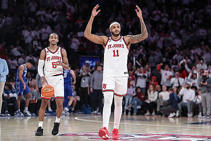 Feb 25, 2024; New York, New York, USA;  St. John's Red Storm center Joel Soriano (11) celebrates in the second half as guard Daniss Jenkins (5) runs out the clock against the Creighton Bluejays at Madison Square Garden. Mandatory Credit: Wendell Cruz-USA TODAY Sports