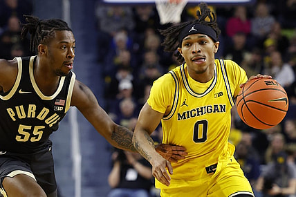 Feb 25, 2024; Ann Arbor, Michigan, USA;  Michigan Wolverines guard Dug McDaniel (0) dribbles against Purdue Boilermakers guard Lance Jones (55) in the first half at Crisler Center. Mandatory Credit: Rick Osentoski-USA TODAY Sports