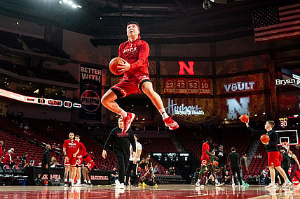 Feb 25, 2024; Lincoln, Nebraska, USA; Nebraska Cornhuskers guard Keisei Tominaga (30) jumps during warmups before the game against the Minnesota Golden Gophers at Pinnacle Bank Arena. Mandatory Credit: Dylan Widger-USA TODAY Sports
