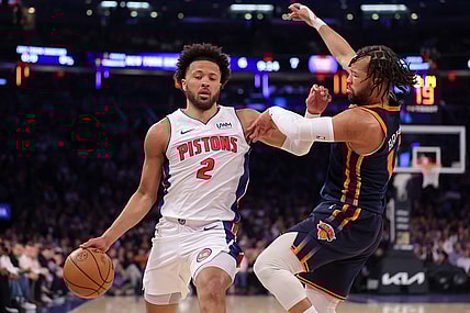 Feb 26, 2024; New York, New York, USA; Detroit Pistons guard Cade Cunningham (2) brings the ball up court against New York Knicks guard Jalen Brunson (11) during the first quarter at Madison Square Garden. Mandatory Credit: Brad Penner-USA TODAY Sports