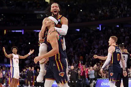 Feb 26, 2024; New York, New York, USA; New York Knicks guard Jalen Brunson (11) celebrates with guard Josh Hart (3) during the fourth quarter against the Detroit Pistons at Madison Square Garden. Mandatory Credit: Brad Penner-USA TODAY Sports