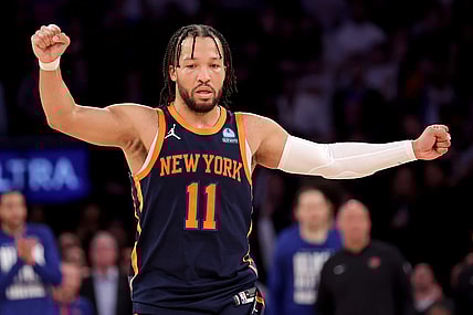 Feb 26, 2024; New York, New York, USA; New York Knicks guard Jalen Brunson (11) reacts during the fourth quarter against the Detroit Pistons at Madison Square Garden. Mandatory Credit: Brad Penner-USA TODAY Sports
