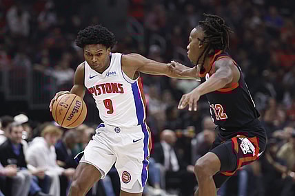 Feb 27, 2024; Chicago, Illinois, USA; Detroit Pistons forward Ausar Thompson (9) drives to the basket against Chicago Bulls guard Ayo Dosunmu (12) during the first half at United Center. Mandatory Credit: Kamil Krzaczynski-USA TODAY Sports