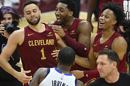 Feb 27, 2024; Cleveland, Ohio, USA; Cleveland Cavaliers guard Max Strus (1) celebrates after hitting a last-second, game-winning three-point basket in the fourth quarter against the Dallas Mavericks at Rocket Mortgage FieldHouse. Mandatory Credit: David Richard-USA TODAY Sports