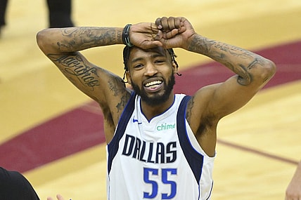 Feb 27, 2024; Cleveland, Ohio, USA; Dallas Mavericks forward Derrick Jones Jr. (55) reacts in the fourth quarter against the Cleveland Cavaliers at Rocket Mortgage FieldHouse. Mandatory Credit: David Richard-USA TODAY Sports