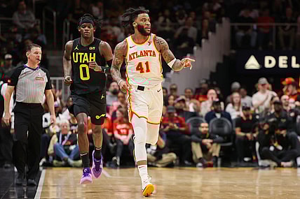 Feb 27, 2024; Atlanta, Georgia, USA; Atlanta Hawks forward Saddiq Bey (41) reacts after a basket against the Utah Jazz in the second half at State Farm Arena. Mandatory Credit: Brett Davis-USA TODAY Sports