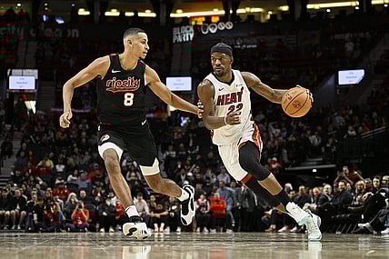 Feb 27, 2024; Portland, Oregon, USA; Miami Heat forward Jimmy Butler (22) drives to the basket during the second half against Portland Trail Blazers forward Kris Murray (8) at Moda Center. Mandatory Credit: Troy Wayrynen-USA TODAY Sports