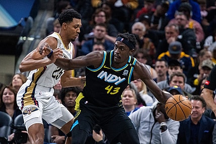 Feb 28, 2024; Indianapolis, Indiana, USA; Indiana Pacers forward Pascal Siakam (43) dribbles the ball while New Orleans Pelicans guard Trey Murphy III (25) defends in the first half at Gainbridge Fieldhouse. Mandatory Credit: Trevor Ruszkowski-USA TODAY Sports