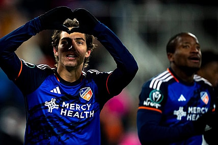 FC Cincinnati midfielder Gerardo Valenzuela (22) celebrates after scoring a goal in the second half of the MLS match between the FC Cincinnati and the Cavalier FC at TQL Stadium in Cincinnati on Wednesday, Feb. 28, 2024.