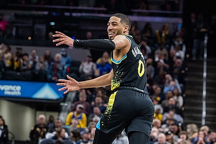Feb 28, 2024; Indianapolis, Indiana, USA; Indiana Pacers guard Tyrese Haliburton (0) celebrates a basket in the second half against the New Orleans Pelicans at Gainbridge Fieldhouse. Mandatory Credit: Trevor Ruszkowski-USA TODAY Sports