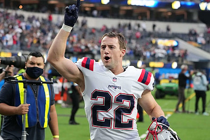 Oct 31, 2021; Inglewood, California, USA;New England Patriots defensive back Cody Davis (22) reacts after the game against the Los Angeles Chargers at SoFi Stadium. The Patriots defeated the Chargers 27-24. Mandatory Credit: Kirby Lee-USA TODAY Sports
