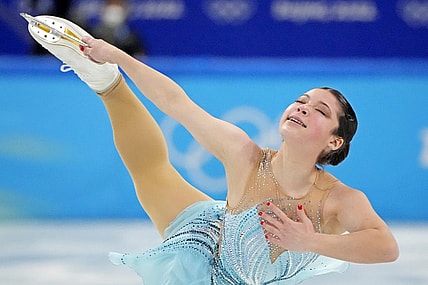 Feb 17, 2022; Beijing, China; Alysa Liu (USA) in the womens figure skating free program during the Beijing 2022 Olympic Winter Games at Capital Indoor Stadium. Mandatory Credit: Robert Deutsch-USA TODAY Sports