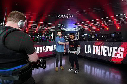 As part of the livestream, stage host Josiah Berry interviews Kenneth "Kenny" Williams following their team win over the London Royal Ravens during the Call of Duty League Pro-Am Classic esports tournament at Belong Gaming Arena in Columbus on May 6, 2022.

Call Of Duty Esports Tournament